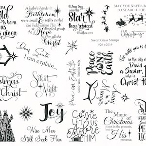 Könnte beinhalten: Eine Sammlung von schwarz-weißen Weihnachtsstempeln mit verschiedenen Schriftarten und Illustrationen. Die Designs umfassen religiöse Zitate, Sterne, Krippenszenen und den Text "Christmas Eve".