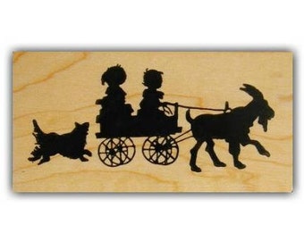 Children in Goat Cart Mounted Rubber Stamp Silhouette - Barnyard Animal - Summer Fun - Farm Life - Sweet Grass Stamps #1