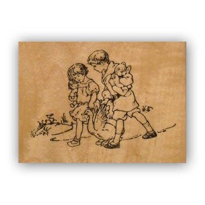 Kinder mit Gans montiert Stempel - beste Freunde - Scheune Hof - Sommer Spaß - altmodische Linie Zeichnung - CMS #8