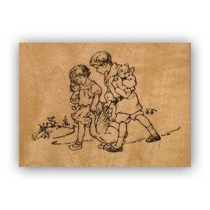 Children with Goose Mounted Rubber Stamp Best Friends Barn Yard Summer Fun Old Fashioned Line Drawing CMS 8 image 1