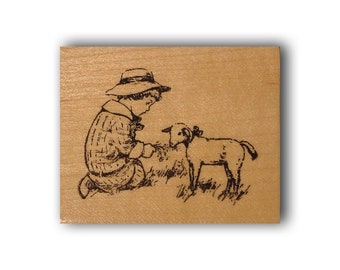 Child and Lamb mounted rubber stamp cute baby sheep, farm, barnyard animal, vintage style boy CMS #6