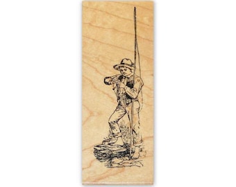 Boy with Fishing Pole Mounted Rubber Stamp CM#1