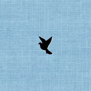 May include: A black silhouette of a dove flying against a light blue textured background.