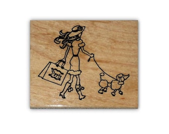 Sello de goma Paris Shopper montado: Mujer con caniche, mujer francesa de compras, perro paseando - Sellos Sweet Grass n.° 22