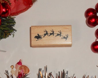 tiny Santa's Sleigh and Reindeer Mounted Rubber Stamp - Christmas Holiday #26