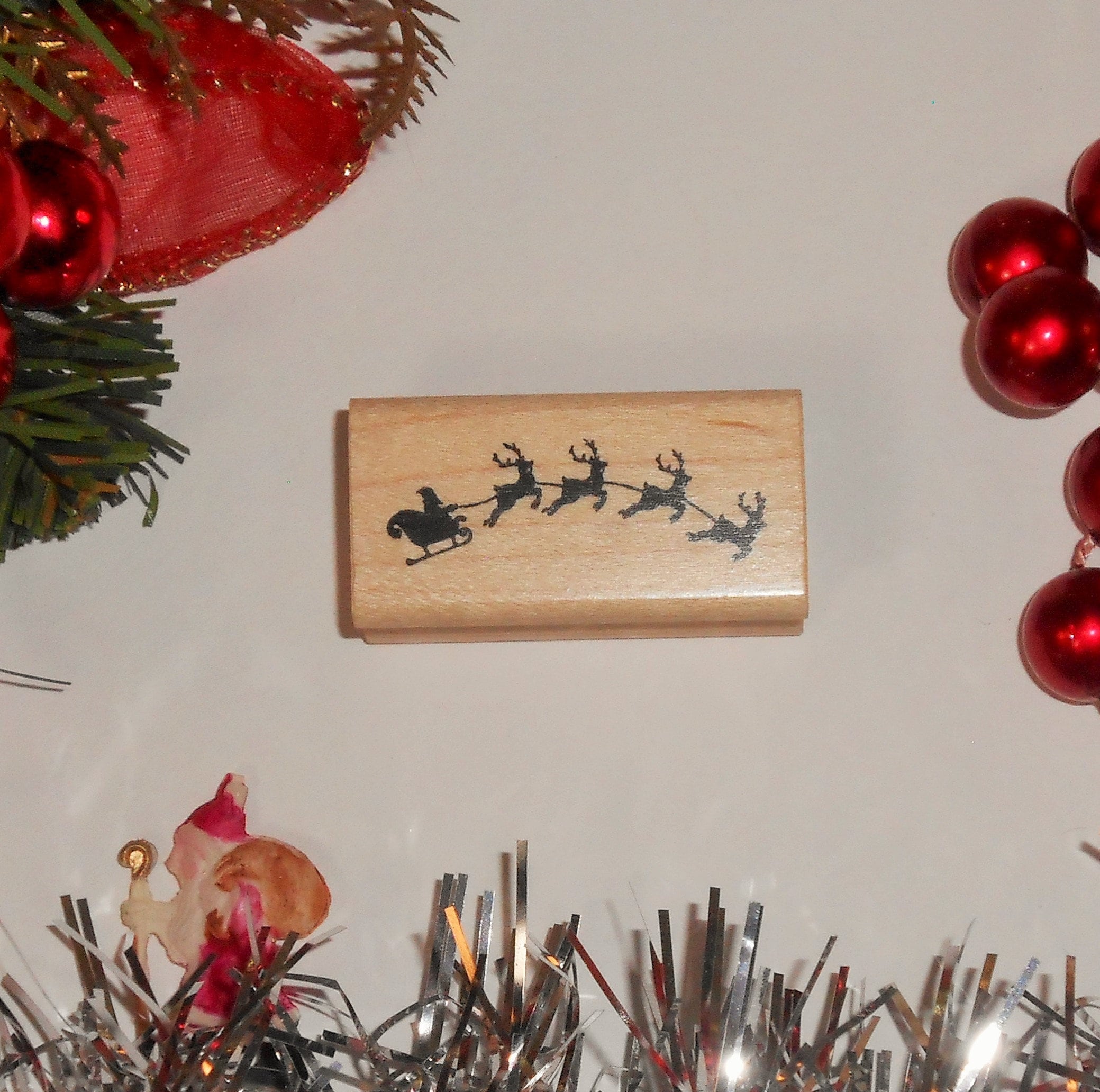 Tiny Santa's Sleigh and Reindeer Mounted Rubber Stamp Etsy