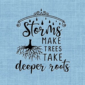 May include: Black and white typography quote on a blue textured background. The quote reads "Storms make trees take deeper roots".