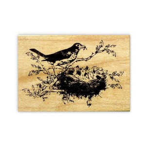 Robin y bebés en nido montado pájaro sello de goma / primavera, verano, pájaro madre / sellos de hierba dulce #9