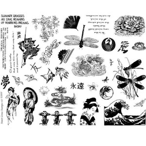 May include: Black and white illustrations of Japanese-inspired imagery, including a dragonfly, a wave, a geisha, a monkey, a lotus flower, and a ginkgo leaf. The text "SUMMER GRASSES ALL THAT REMAINS OF WARRIORS DREAMS. BASHO" is also included.