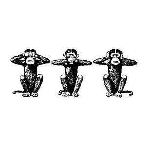Puede incluir: Tres monos negros y blancos, cada uno cubriéndose una parte diferente de la cara. El mono de la izquierda se cubre los ojos, el mono del medio se cubre la boca y el mono de la derecha se cubre las orejas.