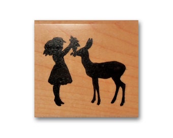 Girl and Deer Silhouette Mounted Rubber Stamp - Forest Magic - Christmas - Holiday Animal Stamp - Sweet Grass Stamps #24