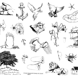May include: A collection of black and white line art illustrations. Images include a dove, eagle, anchor, lion, sailboat, lighthouse, tree, and footprints. Text includes "Blessed is the man..." and "Crazy Mountain Stamps #2 2006."