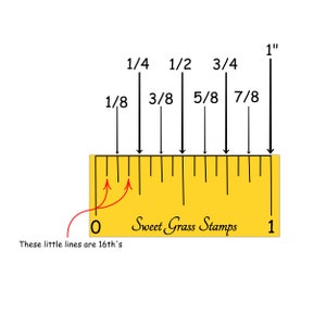 May include: A yellow ruler with black markings showing increments of 1/8 inch, 1/4 inch, 1/2 inch, 3/4 inch, and 1 inch. The ruler also has smaller markings for 1/16 inch increments. The text "Sweet Grass Stamps" is printed on the ruler. The text "These little lines are 16th's" is printed below the ruler.
