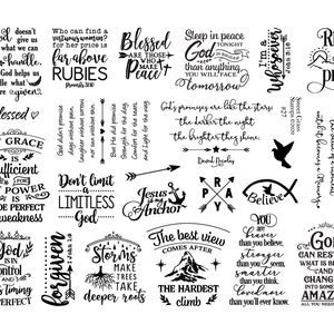 May include: Black and white printable digital download of inspirational quotes and sayings about faith, hope, and love. The quotes include phrases like "God is in control", "My grace is sufficient", "Jesus is my anchor", and "The best view comes after the hardest climb".