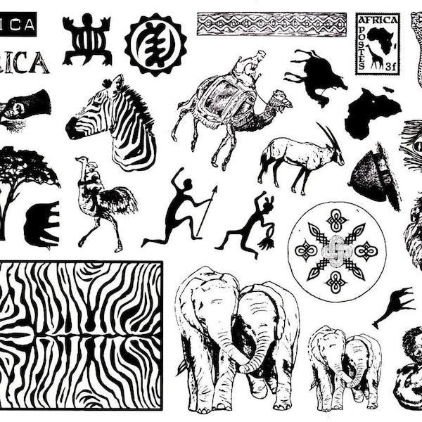 AFRICA  8 1/2 x 11 Rubber Stamp Sheet, lions, elephants, giraffe and tree, camels, zebra, ostrich, tribal, Sweet Grass Stamps #17