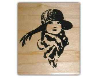 Woman with Scarf and Hat Flapper-style lg. rubber stamp, lady, roaring 20's fashion, art deco style, person, people, Sweet Grass Stamps No.2