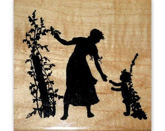 Mother and Child Silhouette Mounted Rubber Stamp - Woman and Baby in Flower Garden - CM #1