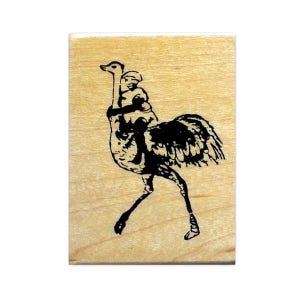 Ostrich Jockey African mounted rubber stamp bird races, Africa, funny, person, man, scene building, Sweet Grass Stamps No.17 image 1