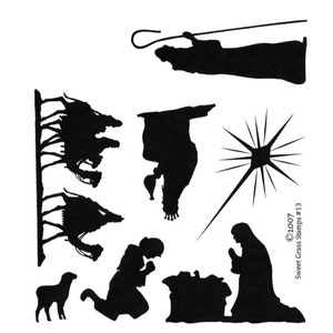 May include: Black and white silhouette Christmas stamps featuring a star, a shepherd, three wise men on camels, a manger scene, and a lamb. The stamps are from Sweet Grass Stamps #13.