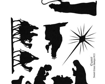 NATIVITY SILHOUETTES 7 religious Christmas unmounted rubber stamps Christian, Mary & Joseph, camels, star, shepherd Sweet Grass Stamps No.13