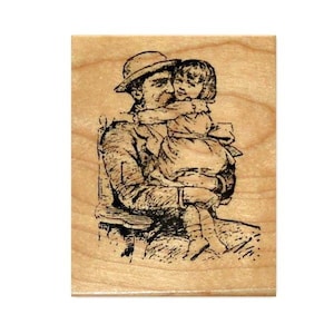 May include: A black and white illustration of a man holding a young girl in his lap. The man is wearing a hat and the girl is wearing a dress. The illustration is on a wooden background.