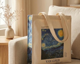 Bolsa de tela "La noche estrellada" de Van Gogh con portabotellas y llavero: algodón natural de 473 g