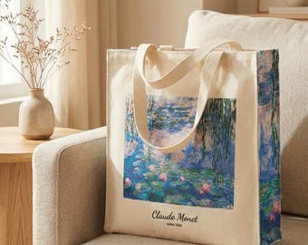 Bolso de mano con diseño de los "Nenúfares" de Claude Monet, con portabotellas y llavero.