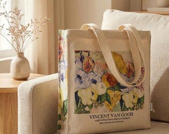 Bolsa de algodón orgánico con portabotellas "Rosas y anémonas" de Van Gogh