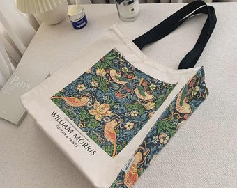 Bolsa de tela "El ladrón de fresas" de William Morris con portabotellas y llavero: algodón orgánico de 16 oz