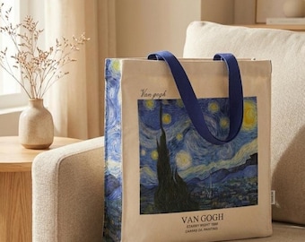 Bolsa de tela "La noche estrellada" de Van Gogh con portabotellas y llavero: algodón natural de 473 g