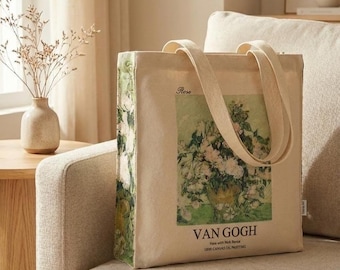 Bolsa de tela Van Gogh "Rosa Blanca" con portabotellas y llavero: algodón natural de 16 oz