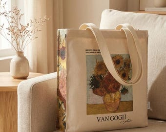 Bolsa de tela "Girasoles" de Van Gogh con portabotellas y llavero: algodón orgánico de 16 oz