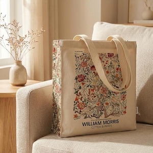 Bolsa de tela William Morris "Vintage Flower" con portabotellas y llavero: algodón orgánico de 16 oz