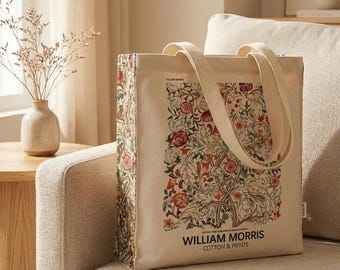 Bolsa de tela William Morris "Vintage Flower" con portabotellas y llavero: algodón orgánico de 16 oz