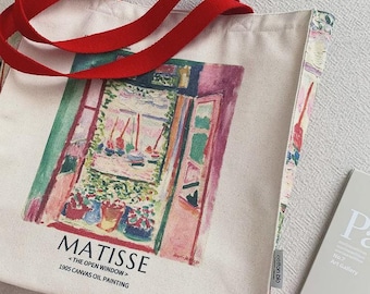 Bolsa de tela Henri Matisse "La ventana abierta" con portabotellas y llavero: algodón orgánico de 16 oz