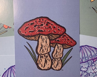 May include: A hand-drawn illustration of two red and white mushrooms with brown stems on a light purple background. The mushrooms are drawn in a cartoon style with a whimsical feel.