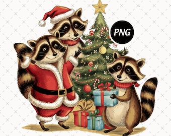 Mapache navideño PNG, árbol de Papá Noel, diseño navideño divertido (descarga digital)