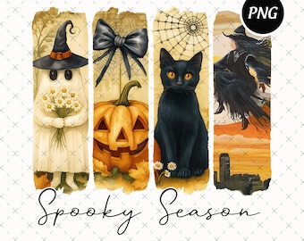 May include: A digital illustration featuring a ghost holding flowers, a pumpkin, a black cat, and a witch. The words "Spooky Season" are written in a script font. The artwork has a vintage, watercolor style.