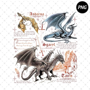 Puede incluir: Impresión artística de fantasía con tres ilustraciones detalladas de dragones. La obra de arte incluye los nombres "Andarna", "Sgaeyl" y "Tairn", junto con texto descriptivo. Los dragones están representados en oro, plata y negro, con un castillo al fondo.