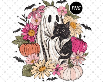 Fantasma e gatto retrò di Halloween in formato PNG, design floreale spettrale (download digitale)