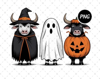 Halloween Highland Cow, png, griezelige spookkoe, pompoenontwerp (digitale download)