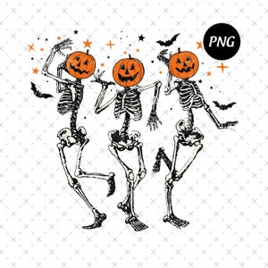 May include: A vintage-style Halloween design featuring three dancing skeletons with jack-o'-lantern heads. The skeletons are in motion, surrounded by stars and bats. The image has a distressed, textured look, perfect for spooky season.