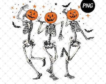 Retro Dancing Skeleton PNG, Halloween Pumpkin Head (Digital Download)