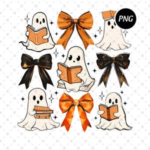 May include: A collection of Halloween-themed digital graphics featuring cartoon ghosts reading books and decorative bows in orange and black. The ghosts are white with black eyes and the bows have various patterns.