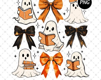 Gruseliger Geist Lesung mit Schleifen PNG, Halloween Clipart (digitaler Download)