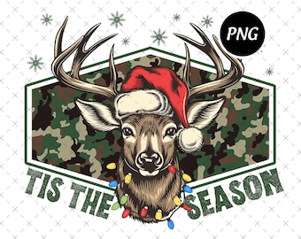 Christmas Deer Hunting Camo Png, Tis The Season Design, Merry And Bright Deer Head Png, Funny Outdoors Holiday Digital File