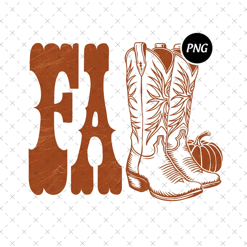 May include: A brown graphic with the word "FA" and a pair of cowboy boots and a pumpkin. The boots have decorative stitching. The pumpkin is next to the boots. The background is white with a pattern of small x's.