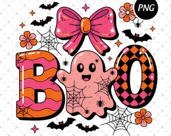 Girly Halloween Ghost PNG, Coquette Bow, Glitter Pumpkin (Digital Download)