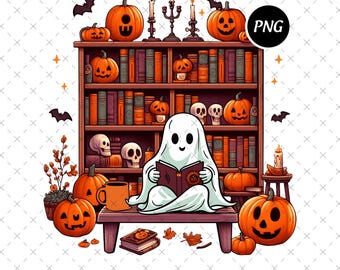 Retro Ghost Reading Books PNG, Halloween Teacher Design (Digital Download)