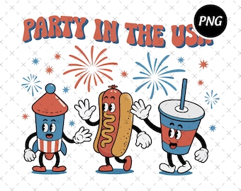 May include: A graphic illustration featuring the text PARTY IN THE USA above three cartoon characters: a firework rocket, a hot dog, and a drink cup with a straw. The characters have arms, legs, and faces, set against red and blue fireworks.
